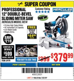 Harbor Freight Coupon HERCULES PROFESSIONAL 12" DOUBLE-BEVEL SLIDING MITER SAW Lot No. 63978/56682 Expired: 7/22/18 - $379.99