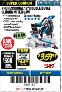 Harbor Freight Coupon HERCULES PROFESSIONAL 12" DOUBLE-BEVEL SLIDING MITER SAW Lot No. 63978/56682 Expired: 8/31/18 - $359.99