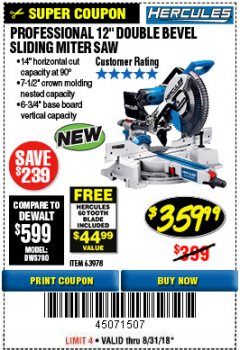 Harbor Freight Coupon HERCULES PROFESSIONAL 12" DOUBLE-BEVEL SLIDING MITER SAW Lot No. 63978/56682 Expired: 7/27/18 - $359.99