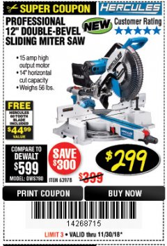 Harbor Freight Coupon HERCULES PROFESSIONAL 12" DOUBLE-BEVEL SLIDING MITER SAW Lot No. 63978/56682 Expired: 11/30/18 - $299.99