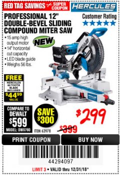Harbor Freight Coupon HERCULES PROFESSIONAL 12" DOUBLE-BEVEL SLIDING MITER SAW Lot No. 63978/56682 Expired: 12/31/18 - $299