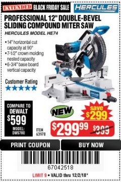 Harbor Freight Coupon HERCULES PROFESSIONAL 12" DOUBLE-BEVEL SLIDING MITER SAW Lot No. 63978/56682 Expired: 12/2/18 - $299.99