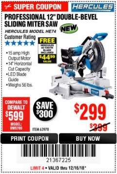 Harbor Freight Coupon HERCULES PROFESSIONAL 12" DOUBLE-BEVEL SLIDING MITER SAW Lot No. 63978/56682 Expired: 12/16/18 - $299