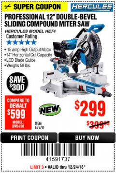 Harbor Freight Coupon HERCULES PROFESSIONAL 12" DOUBLE-BEVEL SLIDING MITER SAW Lot No. 63978/56682 Expired: 12/24/18 - $299