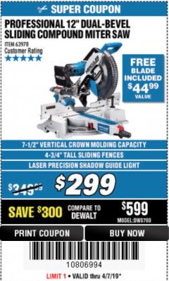 Harbor Freight Coupon HERCULES PROFESSIONAL 12" DOUBLE-BEVEL SLIDING MITER SAW Lot No. 63978/56682 Expired: 4/7/19 - $299.99