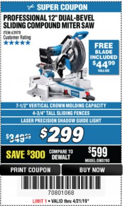 Harbor Freight Coupon HERCULES PROFESSIONAL 12" DOUBLE-BEVEL SLIDING MITER SAW Lot No. 63978/56682 Expired: 4/21/19 - $299