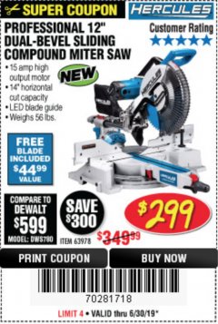 Harbor Freight Coupon HERCULES PROFESSIONAL 12" DOUBLE-BEVEL SLIDING MITER SAW Lot No. 63978/56682 Expired: 6/30/19 - $299.99