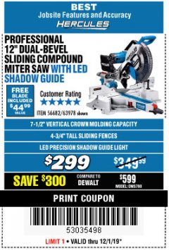 Harbor Freight Coupon HERCULES PROFESSIONAL 12" DOUBLE-BEVEL SLIDING MITER SAW Lot No. 63978/56682 Expired: 12/1/19 - $2.99