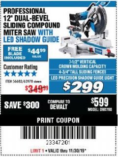 Harbor Freight Coupon HERCULES PROFESSIONAL 12" DOUBLE-BEVEL SLIDING MITER SAW Lot No. 63978/56682 Expired: 11/30/19 - $299