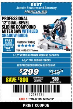 Harbor Freight Coupon HERCULES PROFESSIONAL 12" DOUBLE-BEVEL SLIDING MITER SAW Lot No. 63978/56682 Expired: 12/22/19 - $299