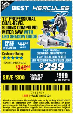 Harbor Freight Coupon HERCULES PROFESSIONAL 12" DOUBLE-BEVEL SLIDING MITER SAW Lot No. 63978/56682 Expired: 1/31/20 - $299