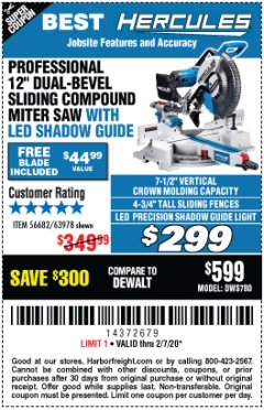 Harbor Freight Coupon HERCULES PROFESSIONAL 12" DOUBLE-BEVEL SLIDING MITER SAW Lot No. 63978/56682 Expired: 2/7/20 - $299