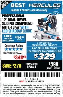Harbor Freight Coupon HERCULES PROFESSIONAL 12" DOUBLE-BEVEL SLIDING MITER SAW Lot No. 63978/56682 Expired: 2/29/20 - $329