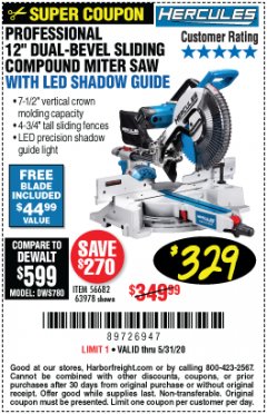 Harbor Freight Coupon HERCULES PROFESSIONAL 12" DOUBLE-BEVEL SLIDING MITER SAW Lot No. 63978/56682 Expired: 6/30/20 - $329.99