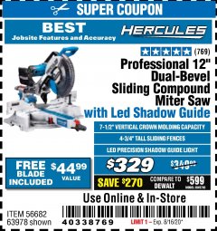 Harbor Freight Coupon HERCULES PROFESSIONAL 12" DOUBLE-BEVEL SLIDING MITER SAW Lot No. 63978/56682 Expired: 8/16/20 - $329