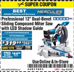 Harbor Freight Coupon HERCULES PROFESSIONAL 12" DOUBLE-BEVEL SLIDING MITER SAW Lot No. 63978/56682 Expired: 9/21/20 - $319.99