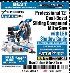 Harbor Freight Coupon HERCULES PROFESSIONAL 12" DOUBLE-BEVEL SLIDING MITER SAW Lot No. 63978/56682 Expired: 10/2/20 - $319.99