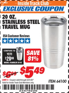 Harbor Freight ITC Coupon 20 OZ. STAINLESS STEEL TRAVEL MUG Lot No. 64100 Expired: 3/31/20 - $5.49