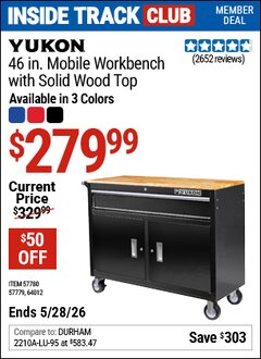 Harbor Freight ITC Coupon YUKON 46 IN. MOBILE WORKBENCH WITH SOLID WOOD TOP Lot No. 64012/57779/57780 Valid Thru: 5/28/26 - $279.99