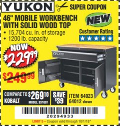 Harbor Freight Coupon YUKON 46 IN. MOBILE WORKBENCH WITH SOLID WOOD TOP Lot No. 64012/57779/57780 Expired: 10/1/18 - $229.99