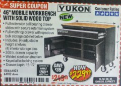 Harbor Freight Coupon YUKON 46 IN. MOBILE WORKBENCH WITH SOLID WOOD TOP Lot No. 64012/57779/57780 Expired: 7/31/18 - $229.99
