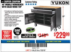 Harbor Freight Coupon YUKON 46 IN. MOBILE WORKBENCH WITH SOLID WOOD TOP Lot No. 64012/57779/57780 Expired: 7/22/18 - $229.99