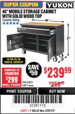 Harbor Freight Coupon YUKON 46 IN. MOBILE WORKBENCH WITH SOLID WOOD TOP Lot No. 64012/57779/57780 Expired: 3/25/19 - $239.99
