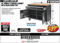 Harbor Freight Coupon YUKON 46 IN. MOBILE WORKBENCH WITH SOLID WOOD TOP Lot No. 64012/57779/57780 Expired: 3/31/19 - $239.99