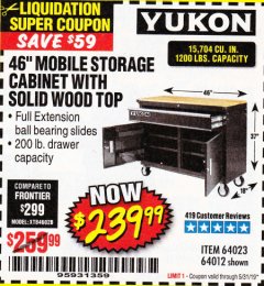 Harbor Freight Coupon YUKON 46" MOBILE WORKBENCH WITH SOLID WOOD TOP Lot No. 64023/64012 Expired: 5/31/19 - $239.99