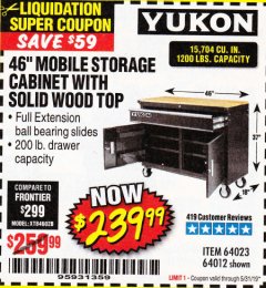Harbor Freight Coupon YUKON 46 IN. MOBILE WORKBENCH WITH SOLID WOOD TOP Lot No. 64012/57779/57780 Expired: 5/31/19 - $239.99
