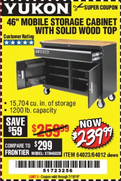 Harbor Freight Coupon YUKON 46 IN. MOBILE WORKBENCH WITH SOLID WOOD TOP Lot No. 64012/57779/57780 Expired: 7/19/19 - $239.99