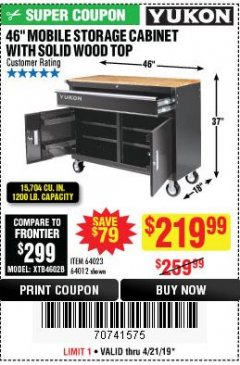 Harbor Freight Coupon YUKON 46 IN. MOBILE WORKBENCH WITH SOLID WOOD TOP Lot No. 64012/57779/57780 Expired: 4/21/19 - $219.99