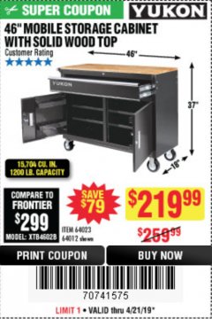 Harbor Freight Coupon YUKON 46 IN. MOBILE WORKBENCH WITH SOLID WOOD TOP Lot No. 64012/57779/57780 Expired: 4/21/19 - $219.99