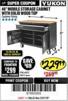 Harbor Freight Coupon YUKON 46" MOBILE WORKBENCH WITH SOLID WOOD TOP Lot No. 64023/64012 Expired: 5/31/19 - $229.99