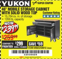Harbor Freight Coupon YUKON 46" MOBILE WORKBENCH WITH SOLID WOOD TOP Lot No. 64023/64012 Expired: 9/3/19 - $239.99