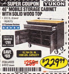 Harbor Freight Coupon YUKON 46 IN. MOBILE WORKBENCH WITH SOLID WOOD TOP Lot No. 64012/57779/57780 Expired: 6/30/19 - $229.99