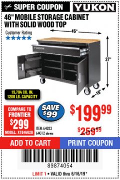 Harbor Freight Coupon YUKON 46" MOBILE WORKBENCH WITH SOLID WOOD TOP Lot No. 64023/64012 Expired: 6/16/19 - $199.99