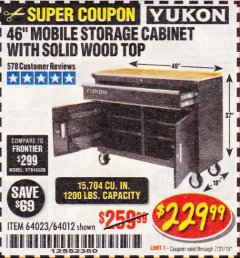 Harbor Freight Coupon YUKON 46 IN. MOBILE WORKBENCH WITH SOLID WOOD TOP Lot No. 64012/57779/57780 Expired: 7/31/19 - $229.99