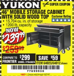 Harbor Freight Coupon YUKON 46 IN. MOBILE WORKBENCH WITH SOLID WOOD TOP Lot No. 64012/57779/57780 Expired: 10/1/19 - $239.99