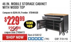Harbor Freight Coupon YUKON 46 IN. MOBILE WORKBENCH WITH SOLID WOOD TOP Lot No. 64012/57779/57780 Expired: 7/31/19 - $229.99