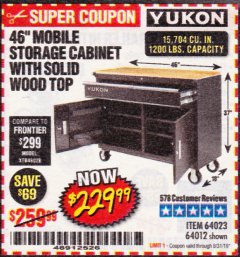 Harbor Freight Coupon YUKON 46 IN. MOBILE WORKBENCH WITH SOLID WOOD TOP Lot No. 64012/57779/57780 Expired: 8/31/19 - $229.99