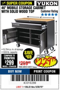 Harbor Freight Coupon YUKON 46 IN. MOBILE WORKBENCH WITH SOLID WOOD TOP Lot No. 64012/57779/57780 Expired: 9/30/19 - $229.99