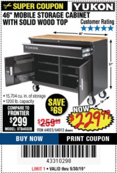 Harbor Freight Coupon YUKON 46 IN. MOBILE WORKBENCH WITH SOLID WOOD TOP Lot No. 64012/57779/57780 Expired: 9/30/19 - $229.99