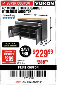 Harbor Freight Coupon YUKON 46" MOBILE WORKBENCH WITH SOLID WOOD TOP Lot No. 64023/64012 Expired: 10/20/19 - $229.99