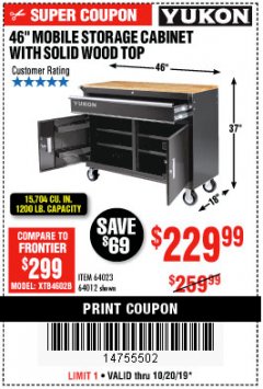 Harbor Freight Coupon YUKON 46 IN. MOBILE WORKBENCH WITH SOLID WOOD TOP Lot No. 64012/57779/57780 Expired: 10/20/19 - $229.99