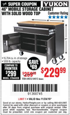 Harbor Freight Coupon YUKON 46 IN. MOBILE WORKBENCH WITH SOLID WOOD TOP Lot No. 64012/57779/57780 Expired: 11/24/19 - $229.99