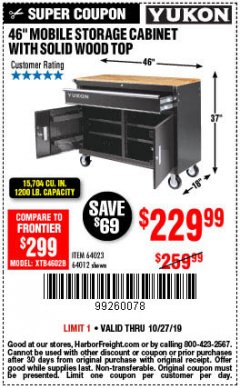 Harbor Freight Coupon YUKON 46" MOBILE WORKBENCH WITH SOLID WOOD TOP Lot No. 64023/64012 Expired: 10/27/19 - $229.99