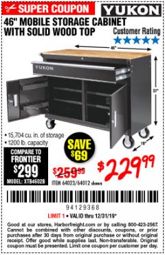 Harbor Freight Coupon YUKON 46 IN. MOBILE WORKBENCH WITH SOLID WOOD TOP Lot No. 64012/57779/57780 Expired: 12/31/19 - $229.99