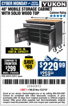 Harbor Freight Coupon YUKON 46 IN. MOBILE WORKBENCH WITH SOLID WOOD TOP Lot No. 64012/57779/57780 Expired: 12/2/19 - $229.99