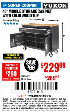 Harbor Freight Coupon YUKON 46" MOBILE WORKBENCH WITH SOLID WOOD TOP Lot No. 64023/64012 Expired: 12/24/19 - $229.99